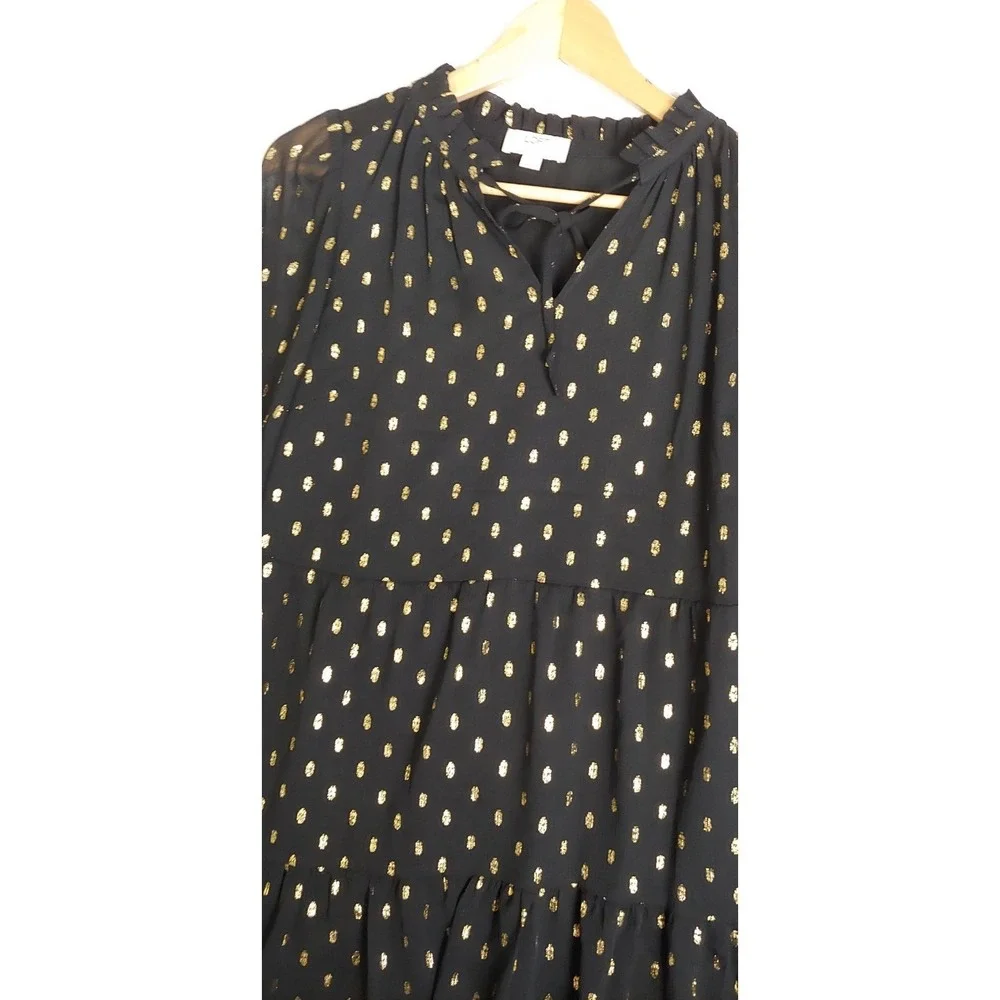 02 LOFT Outlet Petite Medium Petite Black Gold Metallic Dot Tiered Tunic‎ Blouse